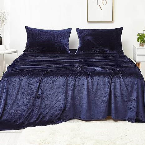 Jepson Soft Fur Velour Flannel Bed Sheets & Pillowcases Set Zipper Pillowcases 16 Inch Deep Pocket Winter Warm Fuzzy Bottom Sheet,Twin Navy