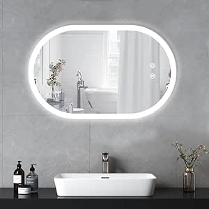 YOLEO Specchio da Bagno Ovale con Illuminazione a LED, Specchio da Parete 70x50cm, Specchio da Bagno con Interruttore Touch e Funzione Antiappannamento, 3 Colori di Luce, 6400K