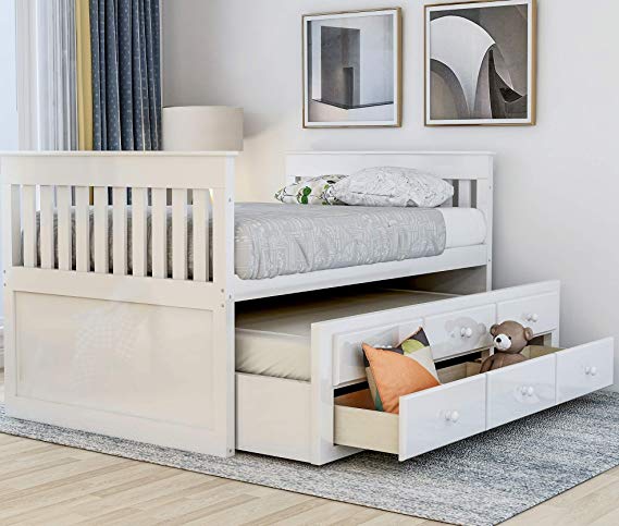 Twin Captain’s Bed Storage daybed with Trundle and Drawers for Kids Guests (White)