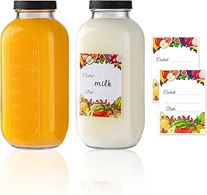 32oz Glass Juice Bottles with Lids 2Pack,Reusable Square Glass Milk Bottle with Lid,Clear Empty Glass for Beverages, Jams, Kombucha, Milkshakes,Oils(32fl.oz,Set of 2)