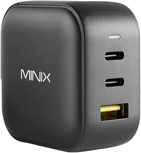 MINIX 66W Turbo 3-Port GaN Wall Charger 2 x USB-C Fast Charging Adapter, 1 x USB-A Quick Charge 3.0 for Smart Phone, Pad, laptop and MacBook Pro Air, iPad Pro.