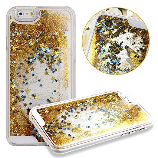 iAnko® Quicksand Series Brilliant Luxury Bling Glitter Liquid Floating Stars Moving Hard Protective Phone Case Cover for Apple Iphone 6 4.7 Inch (Yellow)