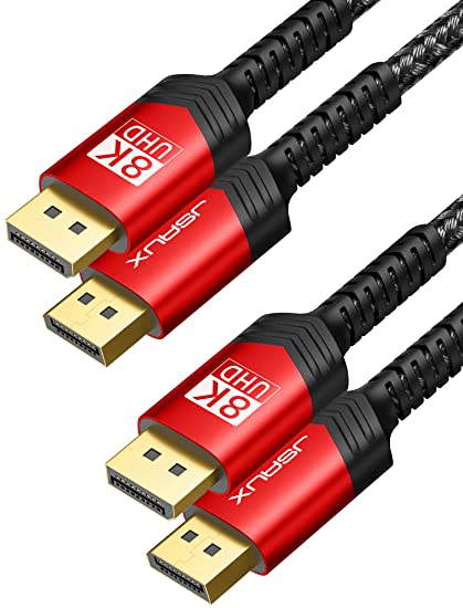 DisplayPort Cable 1.4 10ft 2-Pack, JSAUX 8K DP Cable [8K@60Hz, 4K@240Hz, 4K@144Hz, 2K@165Hz] Gold-Plated Braided Ultra High Speed DisplayPort Cord for Gaming Monitor Laptop PC TV - Red