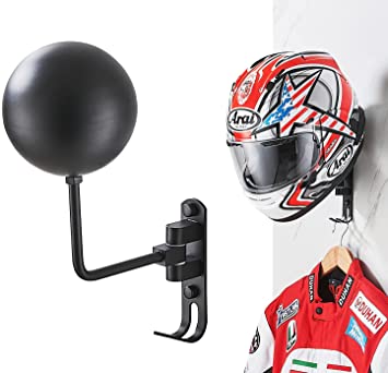 Motorcycle Helmet Rack, Helmet Holder Wall Mount Helmet Stand 180 Degree Rotation Metal with Hooks, Helmet Accessories Hanger for Coats, Caps, Football Baseball and Rugby Helmet