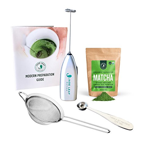 Jade Leaf - Modern Matcha Starter Set - Organic Ceremonial Grade Matcha Green Tea Powder, Electric Frother, Stainless Steel Scoop, Stainless Steel Sifter, Preparation Guide