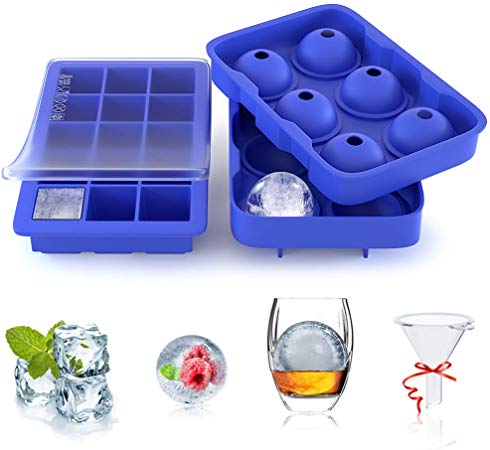 ZeaLife Ice Cube Tray with lids 2 Packs Easy-Release Flexible Silicone Ice Cube Molds Sphere and Square Ice Ball Maker BPA Free Reusable Best for Freezer Baby Food Whiskey Cocktail Drink