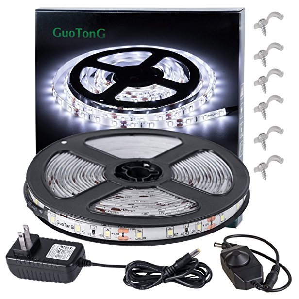 GuoTonG Dimmable Waterproof LED Light Strip Kit with UL Listed Power Supply, 180 Units SMD 2835 LEDs, 6000K Daylight White 12V LED Tape, Led Ribbon, 9.8ft/3m Lighting Strips