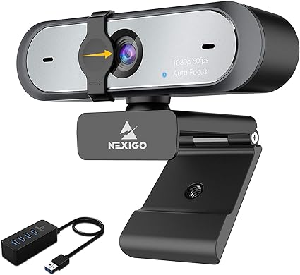 NexiGo AutoFocus 1080P 60FPS Webcam with 4-Port USB 3.0 Hub, FHD USB Web Camera with Microphone, Privacy Cover, High-Speed Data USB Hub, for Zoom/Skype/Teams Online Teaching, Laptop MAC PC Desktop