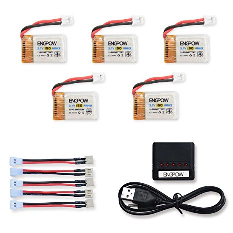 ENGPOW 3.7v 150mAh Upgraded LiPo Battery with X5 Charger and Conversion Cable for Eachine E010 JJRC H36 GoolRC T36 Mini Furibee f36 Realacc H36 RC Quadcopter 5pcs