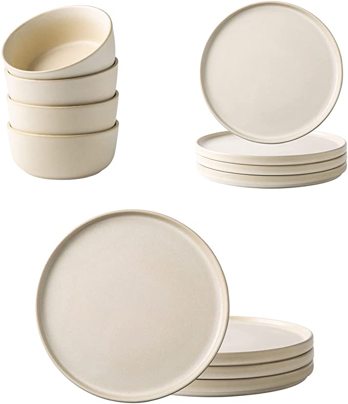 AmorArc Ceramic Dinnerware set, Service for 6 (12pcs), Stoneware Plates and Bowls Set,Highly Chip and Crack Resistant | Dishwasher & Microwave Safe, Matte-Ivory RusticStyle