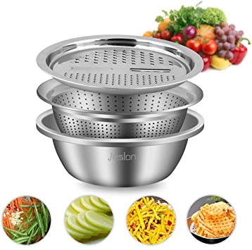 Jeslon Kitchen Vegetable Grater, Stainless Steel Drain Basket Vegetable Cutter Slicer Strainer Colander, Multi-Function 3 in 1 Salad Bowl For Home Use