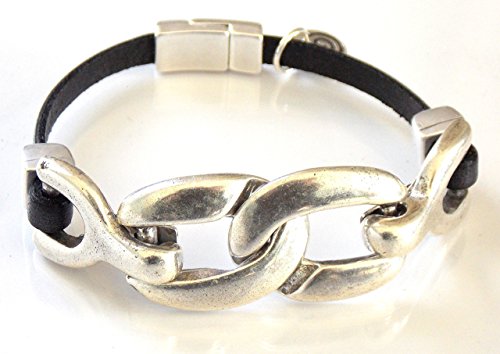 Silver Equestrian Chain Link Leather Bracelet with Magnetic Clasp