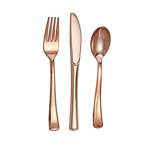 180 Piece Rose Gold Plastic Cutlery – Elegant Silverware for Wedding – Reusable Cutlery Set for Parties – Modern Design Rose Gold Forks, Knives and Spoons – Set of 60 Forks, 60 Knives and 60 Spoons