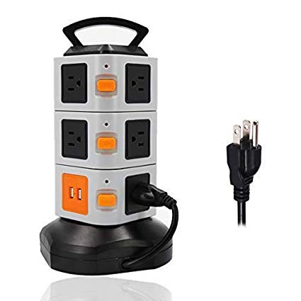 Power Strip Tower ONEreach Surge Protector Charging Station 2500W 10A 16AWG 11 Outlet 2 USB Ports with 6.5ft Cord Wire Extension Universal for Office and Home