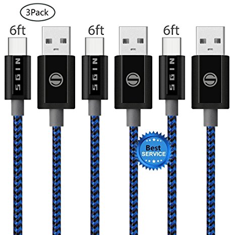 USB Type C Cable SGIN, 3Pack 6FT USB C Nylon Braided Cord Certified to Type C Charging Charger for Samsung Galaxy S8  , Google Pixel, LG G6 V20 G5, Nintendo Switch, New Macbook - BlackBlue