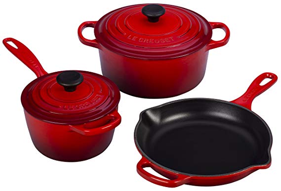 Le Creuset of America 5 Piece Signature Enameled Cast Iron Cookware Set, Cerise (Cherry Red)