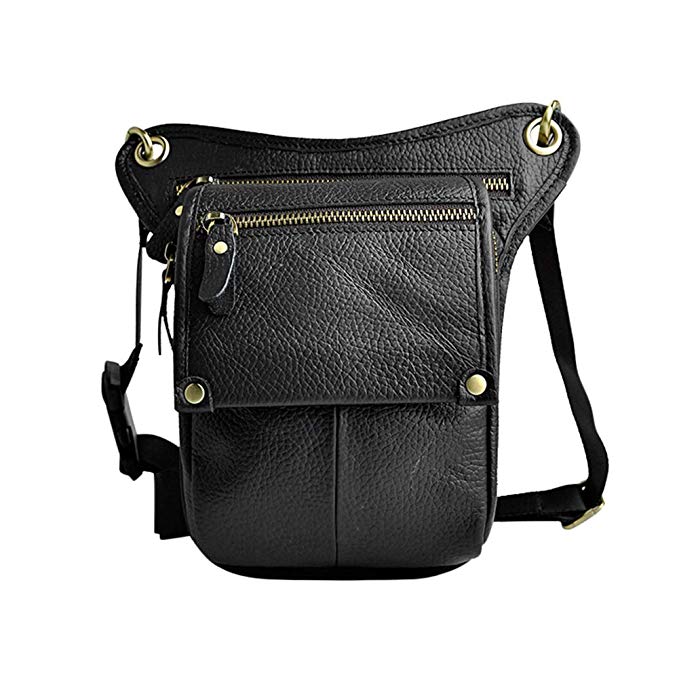 Genda 2Archer Genuine Leather Fanny Pack Waist Hip Purse Tactical Belt Bag (Black)