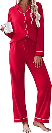 Ekouaer Womens Pajamas Set Cotton Long Sleeve Button Down Sleepwear Top and Long Pants Set Soft 2 Piece Pjs Lounge Set S-XXL