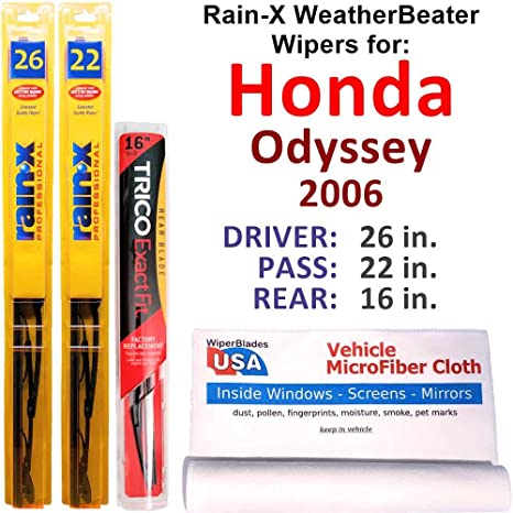 Rain-X WeatherBeater Wipers for 2006 Honda Odyssey Set w/Rear Rain-X WeatherBeater Conventional Blades Wipers Set Bundled with MicroFiber Interior Car Cloth