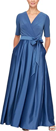 Alex Evenings Women's Satin Ballgown Dress with Pockets (Petite and Regular Sizes)