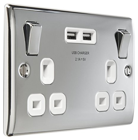 BG 13 A 2 Gang Polished Chrome Switched Socket with 2 x USB Port - White Insert