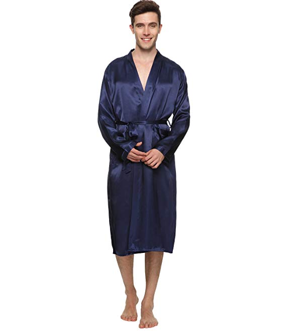 FAYBOX Men Satin Robe Long Bathrobe Lightweight Sleepwear