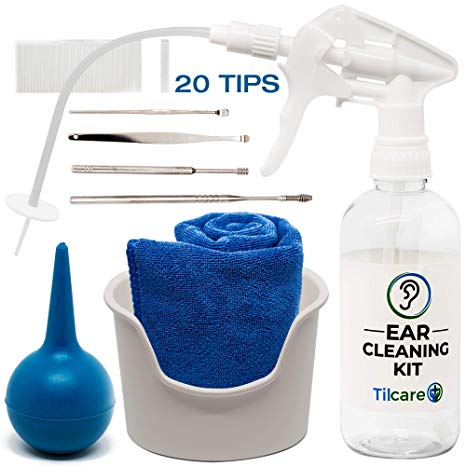 Ear Wax Removal Tool by Tilcare - Ear Irrigation Flushing System for Adults & Kids - Perfect Ear Cleaning Kit - Includes Basin, Syringe, Curette Kit (Spoon and Spiral), Towel and 20 Disposable Tips