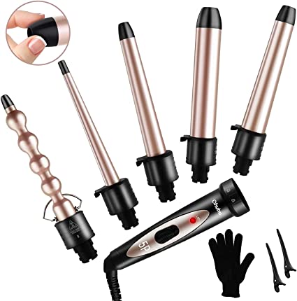 Curling Wand Curling Iron, Ohuhu 5 in 1 Curling Tongs Set, Adjustable Temperature with 5 Interchangeable Ceramic Barrel and Anti-Scald Head and Heat Resistant Glove, for All Hair Type, Rose Gold