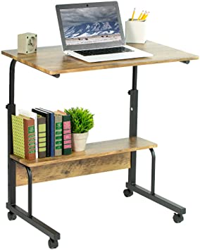 VIVO Mobile 32 x 20 inch Laptop Desk, Rolling Height Adjustable Writing Table with Storage Shelf for Home Office, Dark Brown Top, Black Frame, CART-V08D