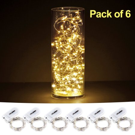 CYLAPEX Pack of 6 LED Starry String Lights with 20 Fairy Micro LEDs on 3.3feet/1m Silver Coated Copper Wire, Battery Powered by 2x CR3032 (Included), for Party Christmas Table Decorations Warm White