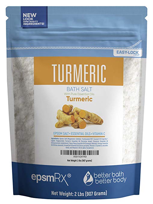 Turmeric Bath Salt 32 Ounces Epsom Salt with Turmeric, Cinnamon, Ylang Ylang, Orange and Grapefruit Essential Oils Plus Vitamin C and All Natural Ingredients BPA Free Pouch with Easy Press-Lock Seal