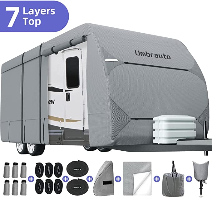 RV Cover Umbrauto 2022 Upgraded 7 Layers Top Camper Cover Windproof Travel Trailer Cover for 14' to 16' RV, Toy Hauler Cover with Tongue Jack Cover, Extra Windproof Ropes, Gutter Covers