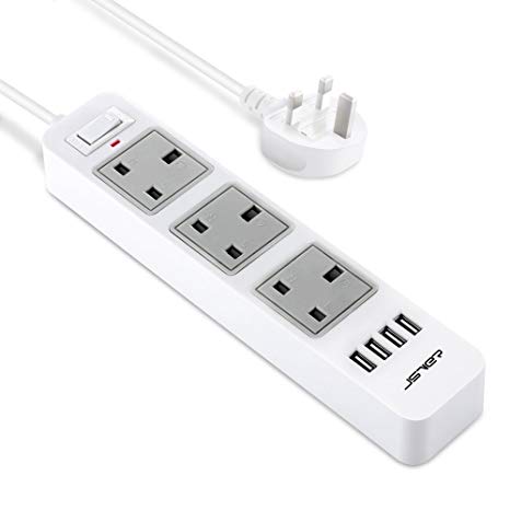 JSVER Extension Lead USB, Power Socket with 3 Outlet 4 USB Charging Station Power Strip Surge Protection with 2m Power Lead, Grey&White