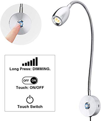 KINGSO Bedside Reading Light, Dimmable On/Off Touch Dimmer 3W 200LM AC110-240V 360° Flexible LED Wall Light Gooseneck Arm LED Bed Reading Lamp Easy Installation for Home Office Warm White