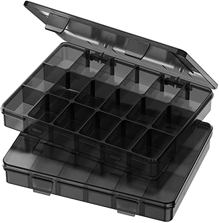 TookMag 2 Pack Plastic Organizer Box with Removable Dividers-18 Grids Compartment Container, Bead Storage Case for Jewelry Craft Tackles Tools, Each Grid, Size 7.8 x 6.3 x 1.2 in (Black)