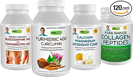 ANDREW LESSMAN 4 Product Joint Support – 30 Capsules Each Glucosamine 1500 Chondroitin 1200, Turmeric 400, Calcium Magnesium Intensive Care Plus Free Range Collagen Peptides. Promotes Healthy Joints.