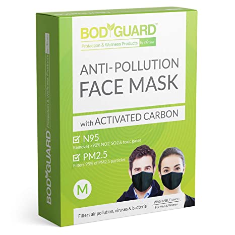 BodyGuard Reusable Anti Pollution Face Mask with Activated Carbon, N95   PM2.5 for Men and Women - Medium (Black)