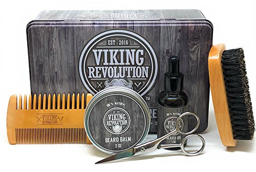 BEST DEAL Beard Care Kit for Men - Ultimate Beard Grooming Kit includes 100% Boar Beard Brush, Wood Beard Comb, Beard Balm, Beard Oil, Beard & Mustache Scissors and Metal Gift Box by Viking Revolution