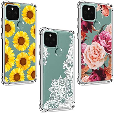 (3 Pack) Case for Google Pixel 5, for Girls Women Shock-Absorption Anti-Scratch Crystal Clear Soft TPU Slim Bumper Protective Phone Case Cover for Google Pixel 5 5G, Flower