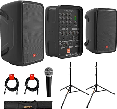 JBL Professional EON208P PA System Bundle with Auray SS-47S-PB Speaker Stand with Carrying Case, Microphone, and 2X XLR-XLR Cables