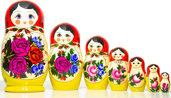 Russian Nesting Doll - Semenovo - Hand Painted in Russia - Traditional Matryoshka Babushka (9.5``(7 Dolls in 1) Red-Yellow)