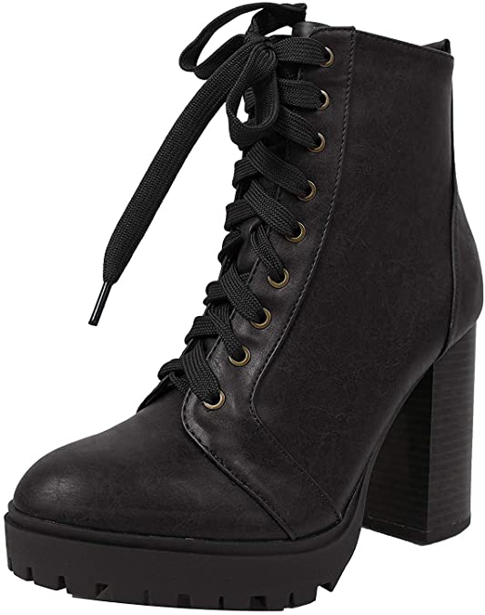 Soda Women's Military Combat Lace Up Lug Platform Chunky Block Heel Ankle Boot