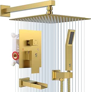 SR SUN RISE 12 Inches All Metal Square Shower System with Tub Spout, Tub Shower Faucet Set, High Pressure Rain Shower Head and Handheld Sprayer Combo Shower Fixtues, Valve Included, Brushed Gold