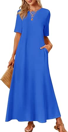 MEROKEETY Women's 2025 Spring Summer Short Sleeve Maxi Dress Casual Crewneck Basic Long T Shirt Dress with Pockets