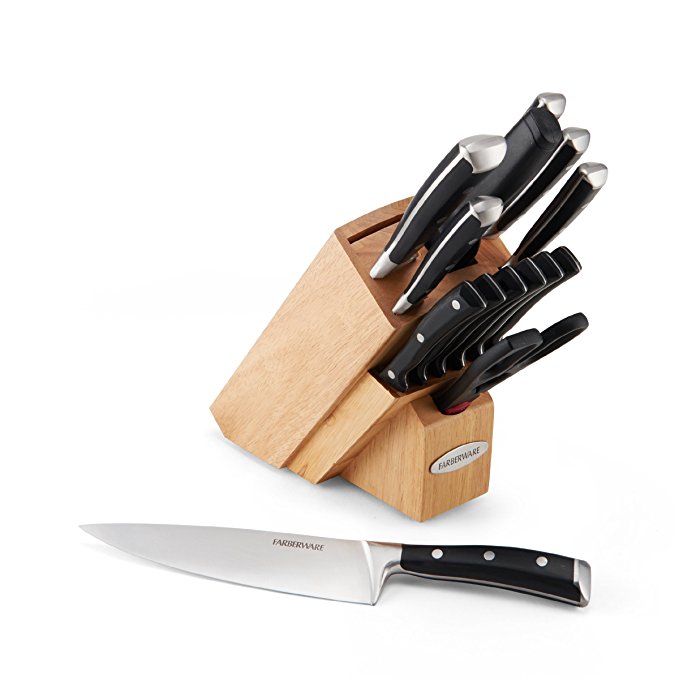 Farberware 5152472 15-Piece Triple Rivet Forged Knife Block Set, Black