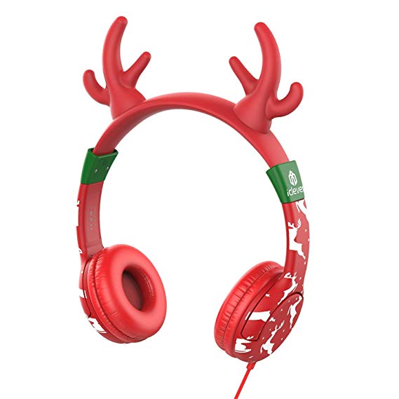 iClever Kids Headphones on Ear - Wired Headphones for Kids, 85dB Volume Limiting, Adjustable Lightweight Removable Deer Horn for Kids Tablet iPad for Kids, Red