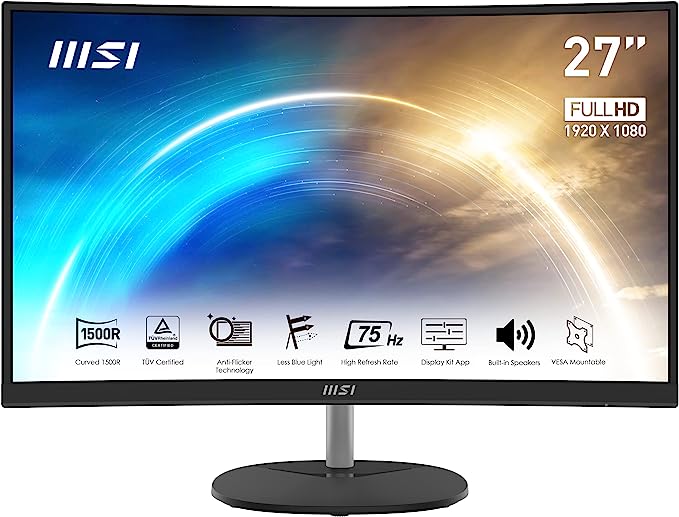 MSI Pro MP272C, 27", 1920 x 1080 (FHD), Curved VA, 75Hz, FreeSync, TUV Certified Eyesight Protection, 1ms, HDMI, Tilt