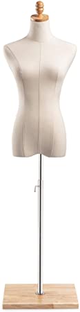 Female Display Dress Form Mannequin in Natural Canvas on Modern Wood Flat Square Base by TSC (Natural, Medium)
