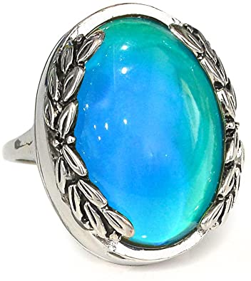 Fun Jewels Antique Silver Color Plating Multi Color Change Oval Stone Leaf Statement Mood Ring Size 6-10