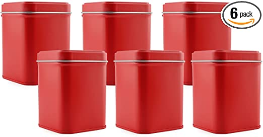 Cornucopia Square Red Metal Tins (6-Pack); for Tea, Gift Boxes, and Storage, 3-Inch Tall, 1-Cup Capacity
